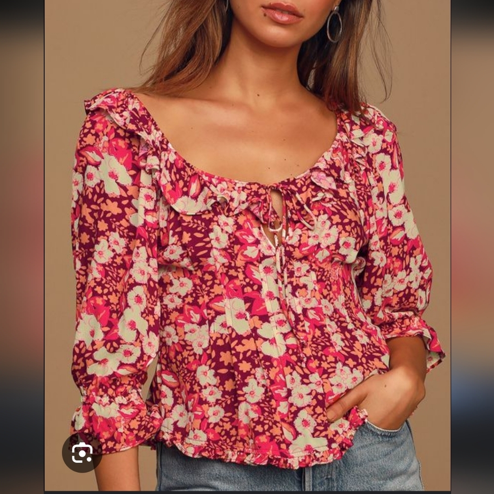 FREE PEOPLE Sweet Memories Pink Multi Floral Print Ruffled Blouse Sz M Boho